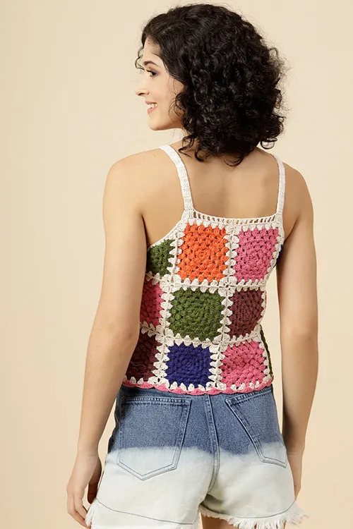 Ajoobaa Pure Cotton Crochet Color Block Top