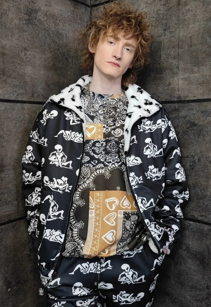 Alien print jacket reversible handmade UFO fleece in black