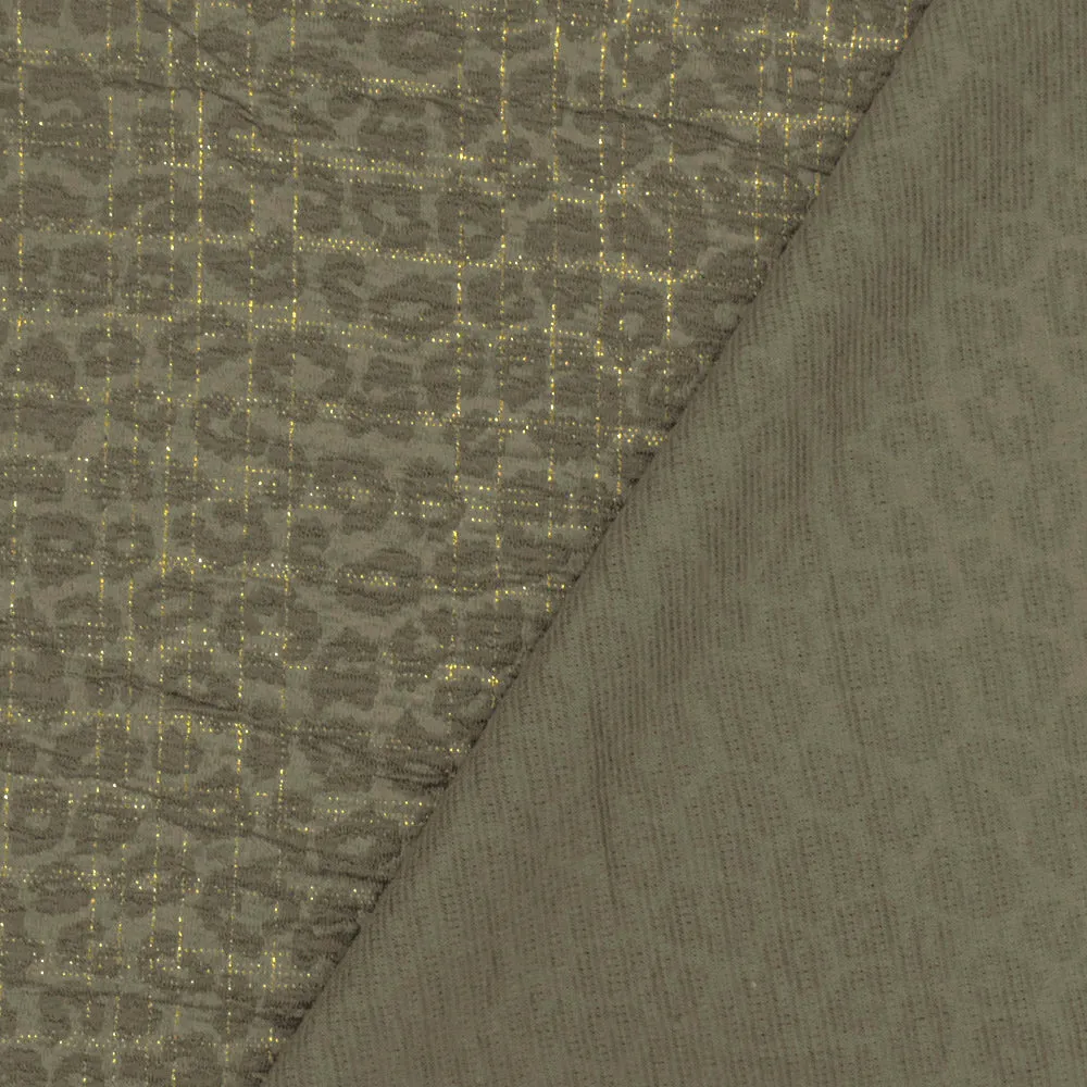 Ash Olive-Gold Crinkle Leopard Metallic Plaid Stretch Double Knit Fabric