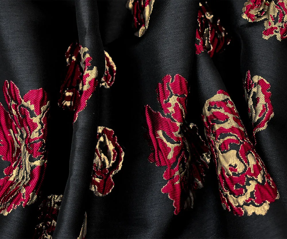 Black-Gold-Red Polyester Metallic Floral Matelasse Jacquard Brocade Woven Fabric