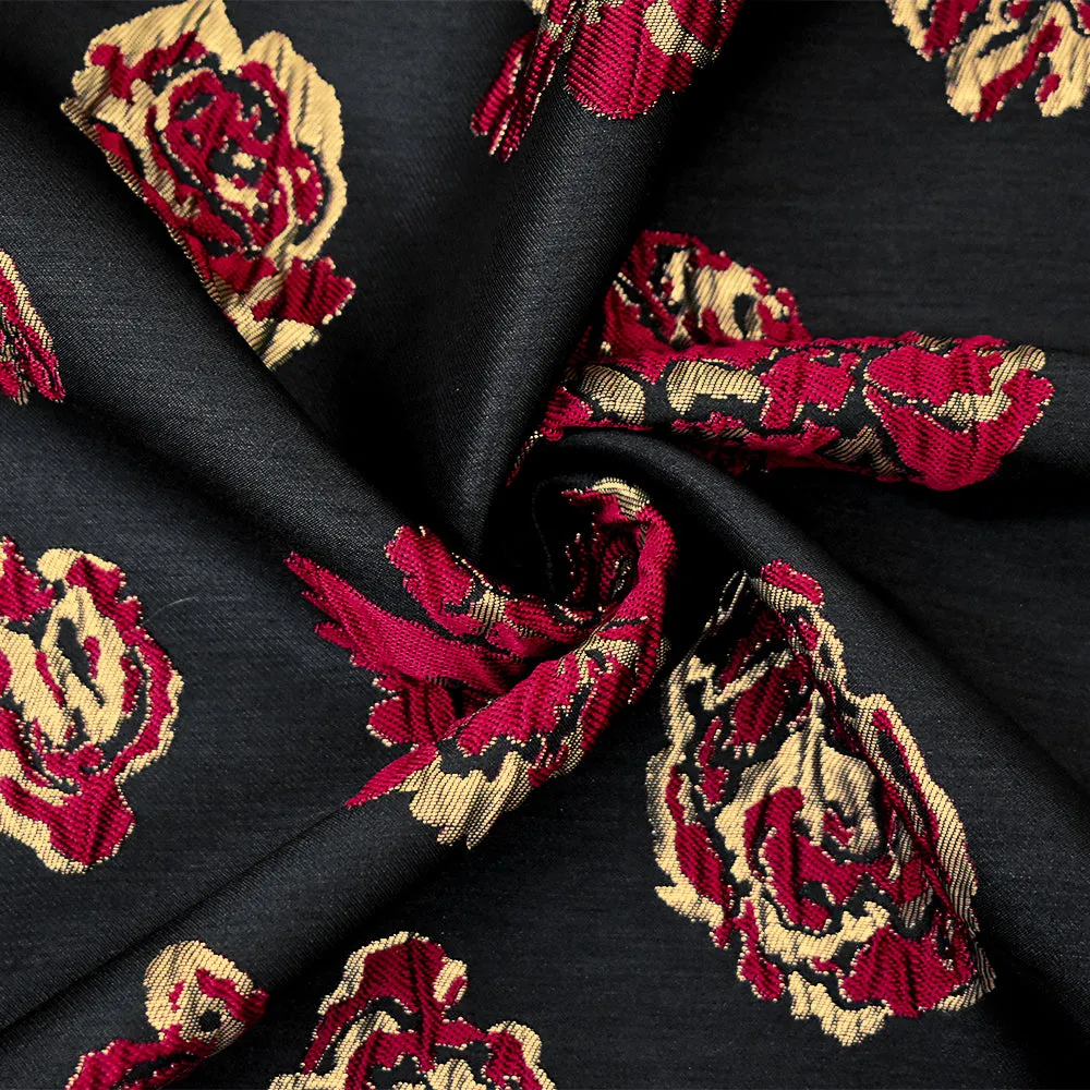 Black-Gold-Red Polyester Metallic Floral Matelasse Jacquard Brocade Woven Fabric