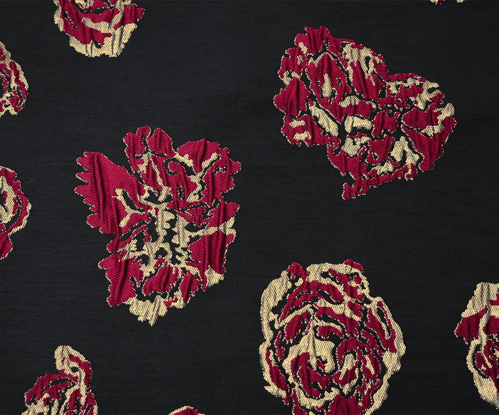 Black-Gold-Red Polyester Metallic Floral Matelasse Jacquard Brocade Woven Fabric