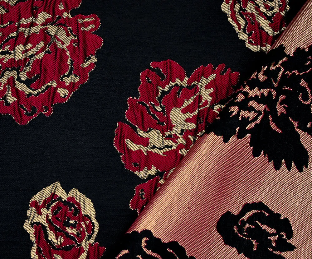 Black-Gold-Red Polyester Metallic Floral Matelasse Jacquard Brocade Woven Fabric