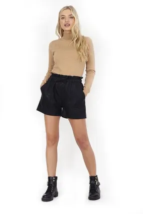 BLACK PAPERBAG WAIST FAUX LEATHER SHORTS