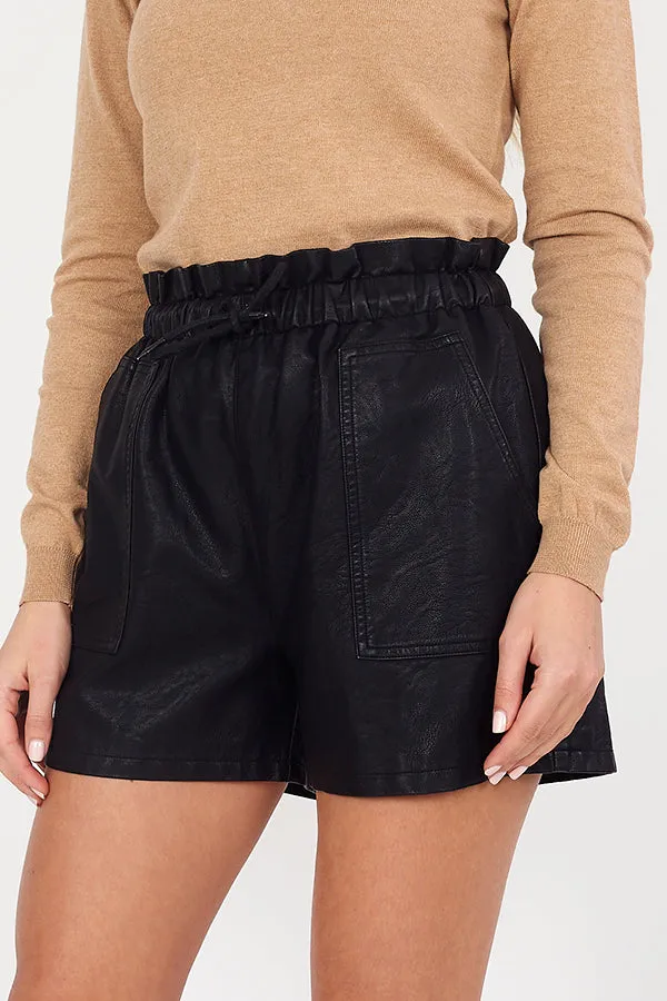 BLACK PAPERBAG WAIST FAUX LEATHER SHORTS