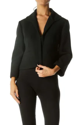 Black Textured Hook Closure Faux-Pockets Padded Shoulders Blazer