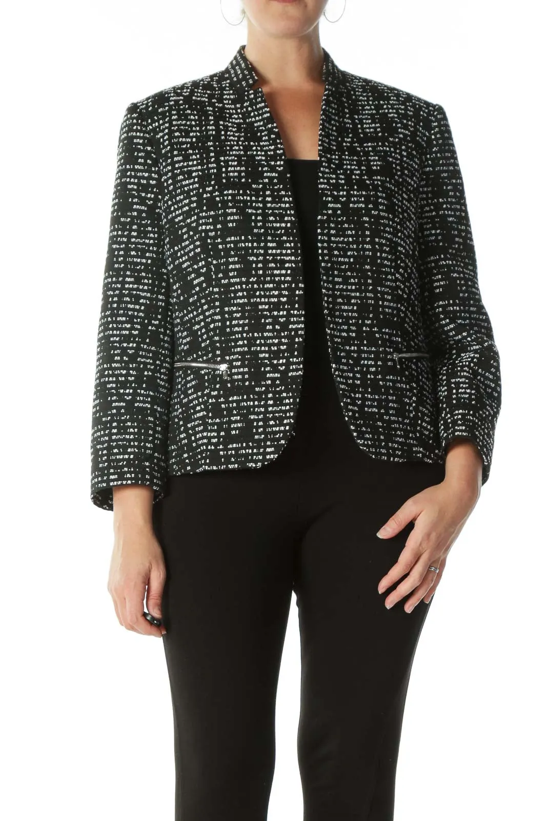 Black White Collared Zipper-Pockets Textured Blazer