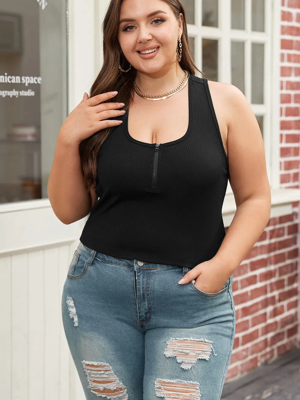 Black Zipper Front Racerback Tank Top for Plus Size Women