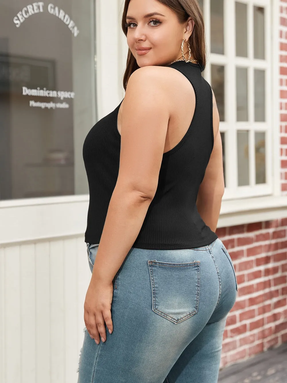 Black Zipper Front Racerback Tank Top for Plus Size Women