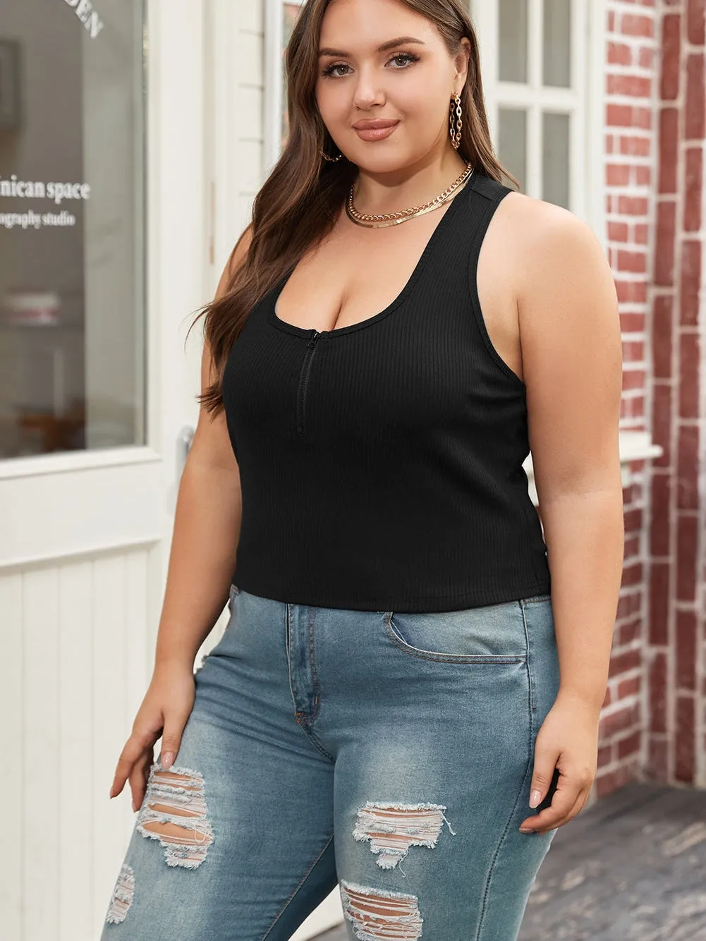 Black Zipper Front Racerback Tank Top for Plus Size Women