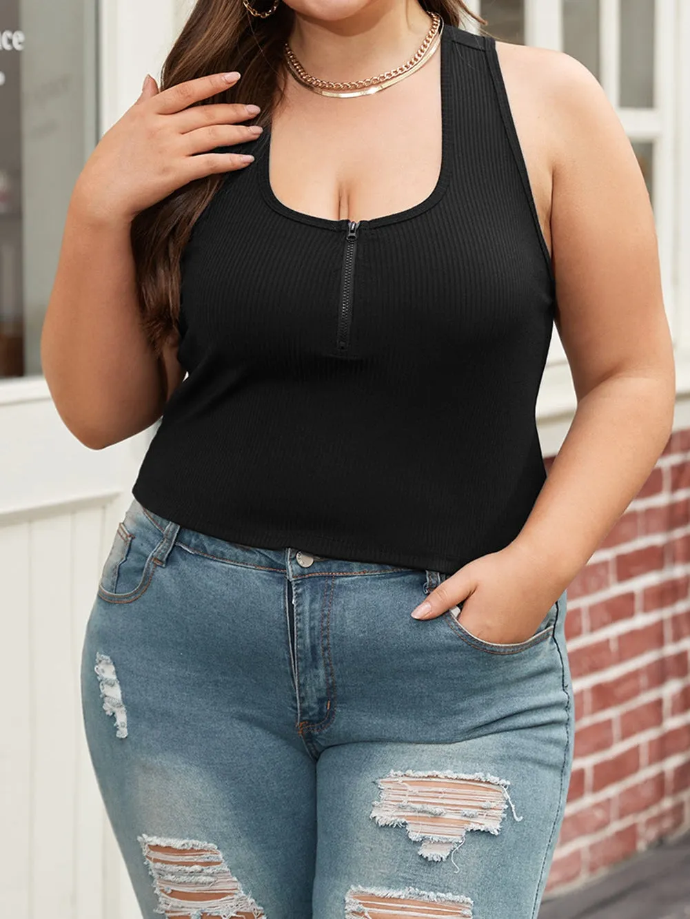 Black Zipper Front Racerback Tank Top for Plus Size Women