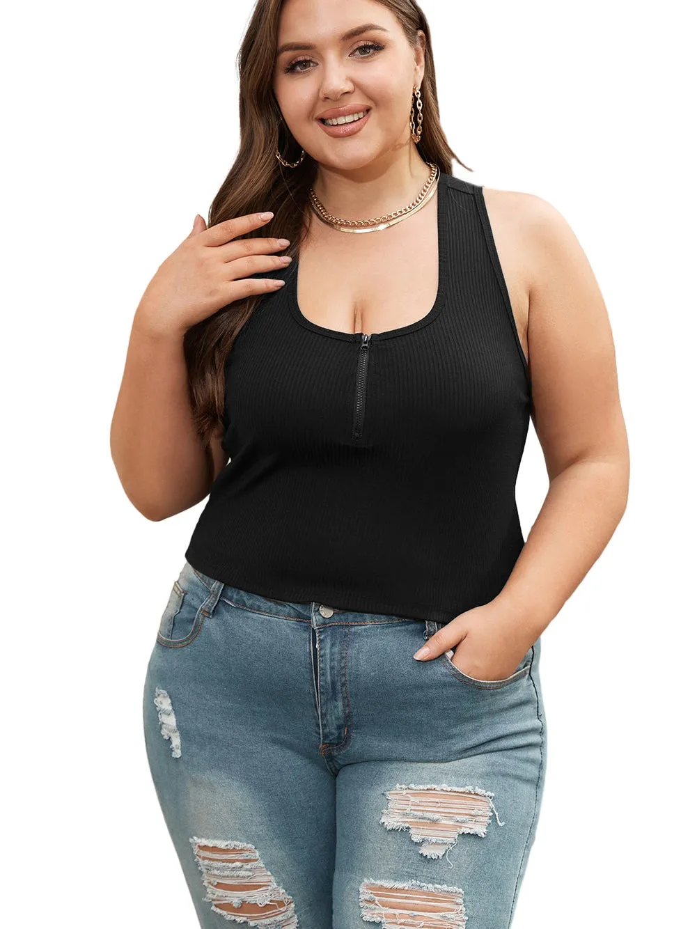 Black Zipper Front Racerback Tank Top for Plus Size Women