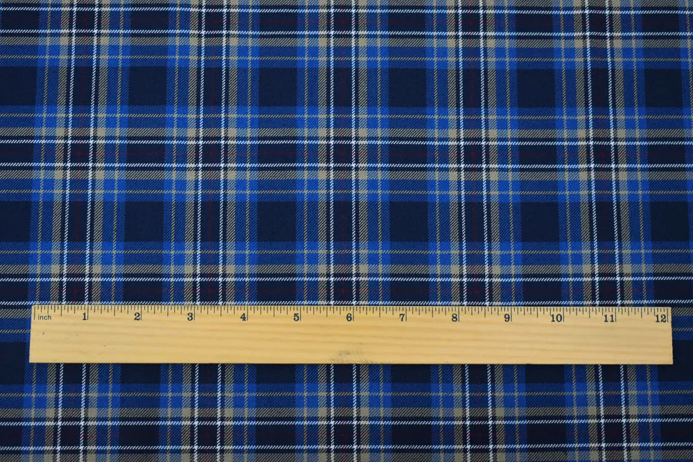 Blue-Brown-Multi Wool-Polyester Plaid Twill Suiting Woven Fabric