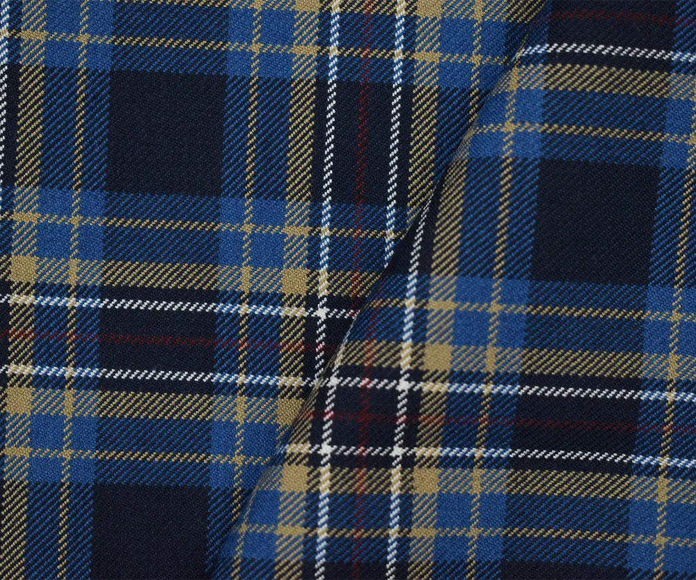 Blue-Brown-Multi Wool-Polyester Plaid Twill Suiting Woven Fabric