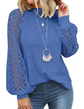 Blue Women’s Long Sleeve Tops Lace Casual Loose Blouses T Shirts - MIHOLL