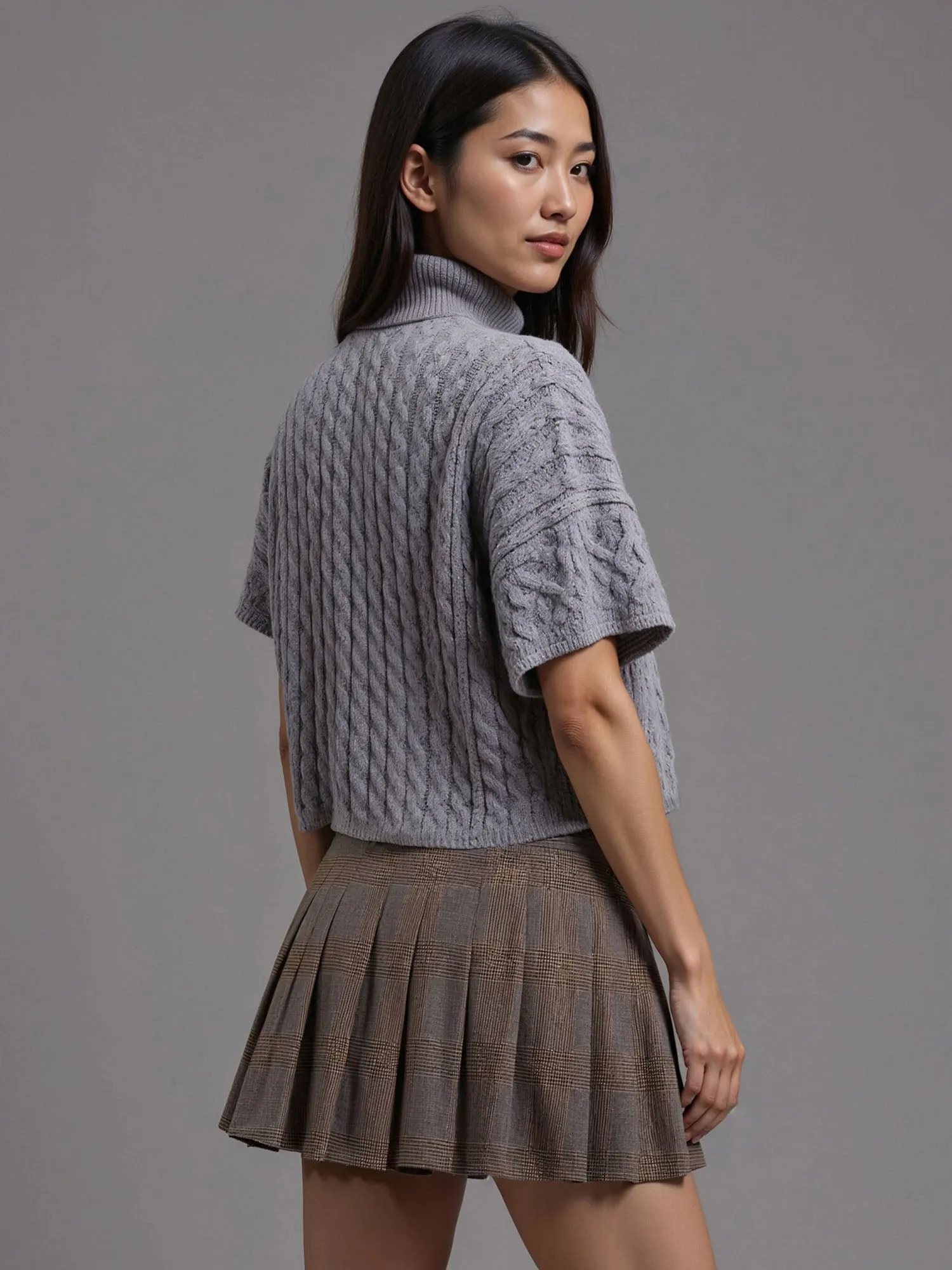 Cableknit Short Sleeve Turtleneck Sweater