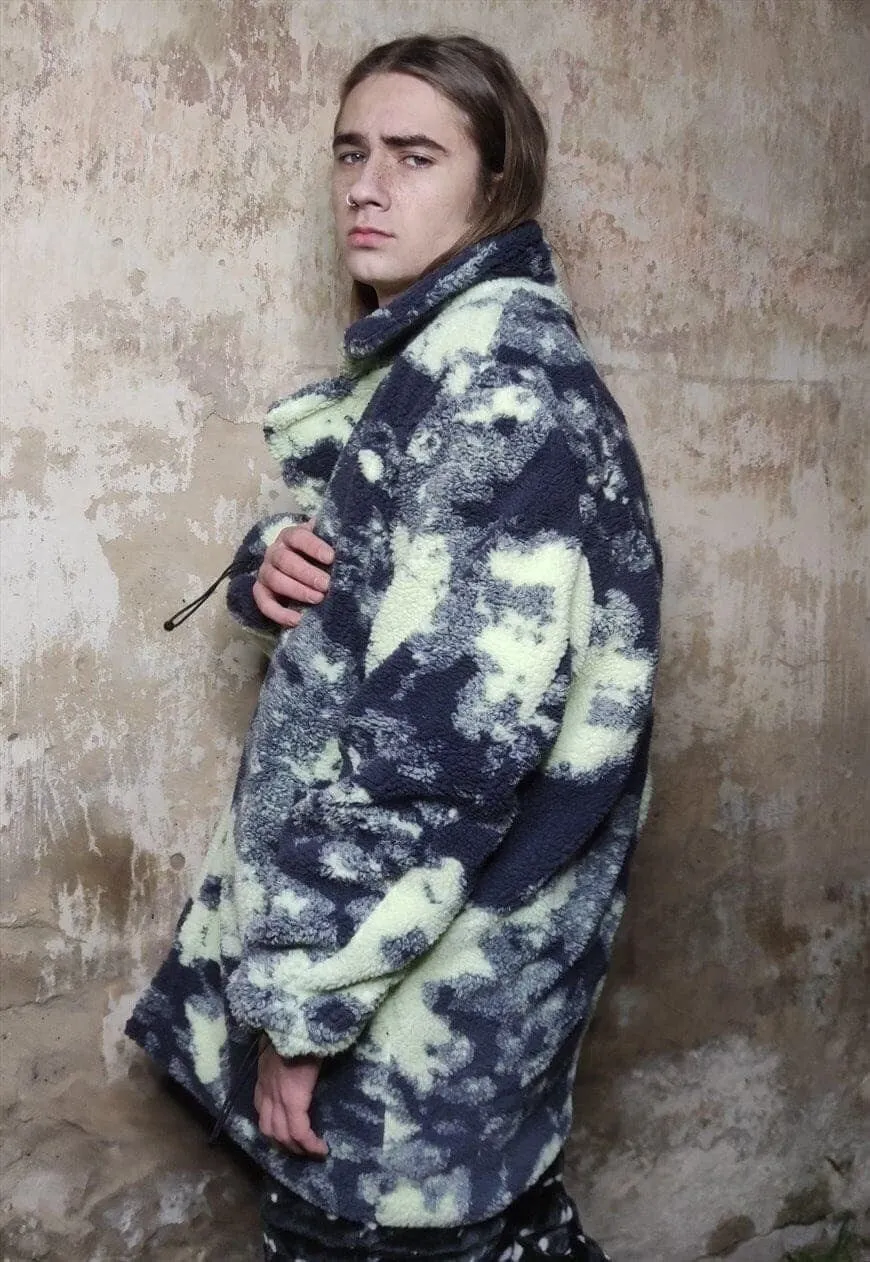 Camo fleece jacket handmade abstract trench coat in green