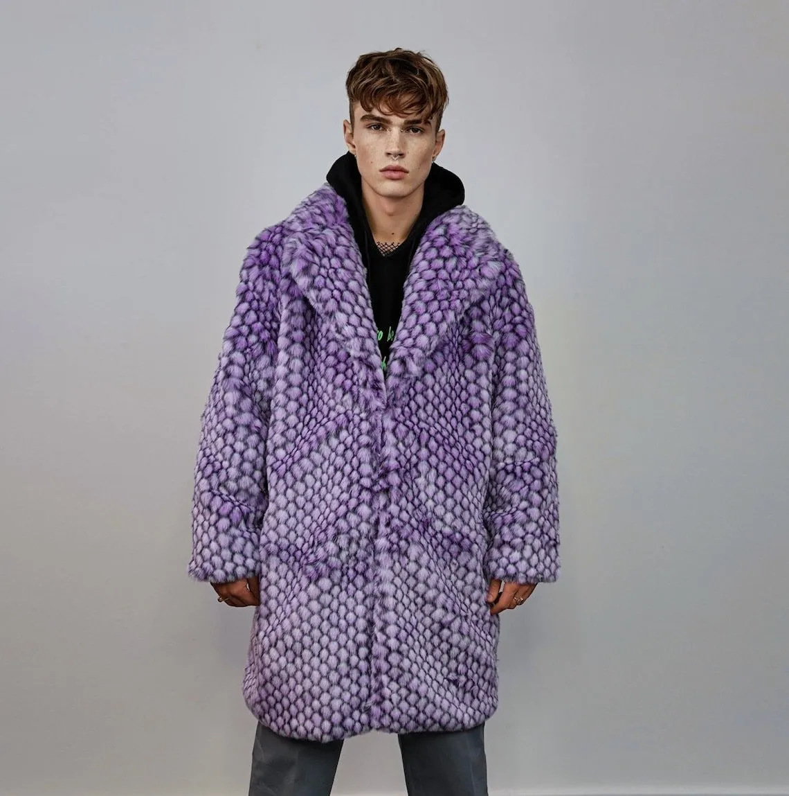 Checked faux fur longline coat geometric trench bright raver bomber fluffy winter fleece festival jacket neon burning man coat in purple