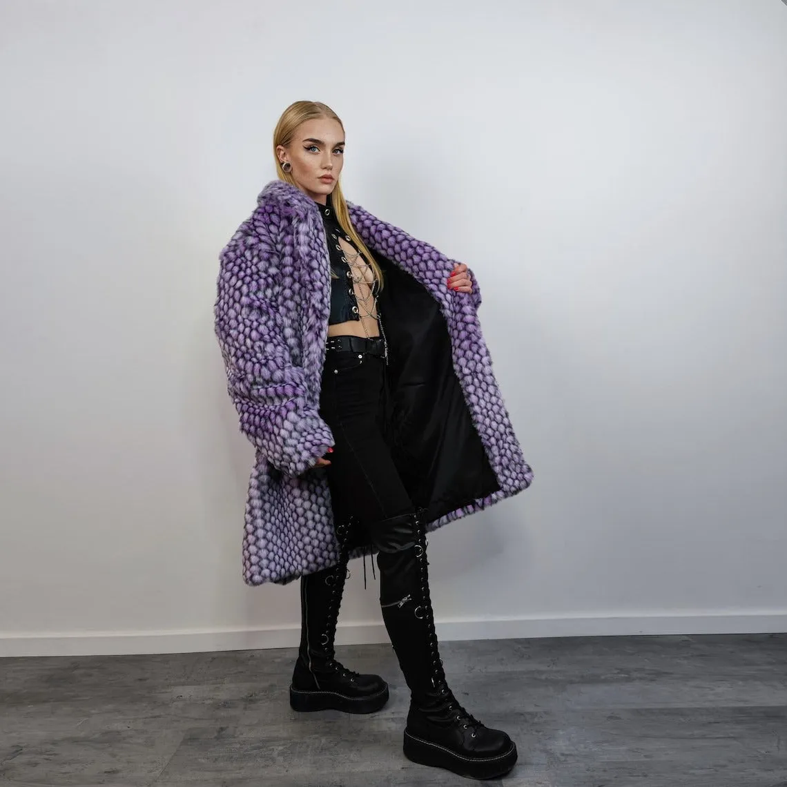 Checked faux fur longline coat geometric trench bright raver bomber fluffy winter fleece festival jacket neon burning man coat in purple