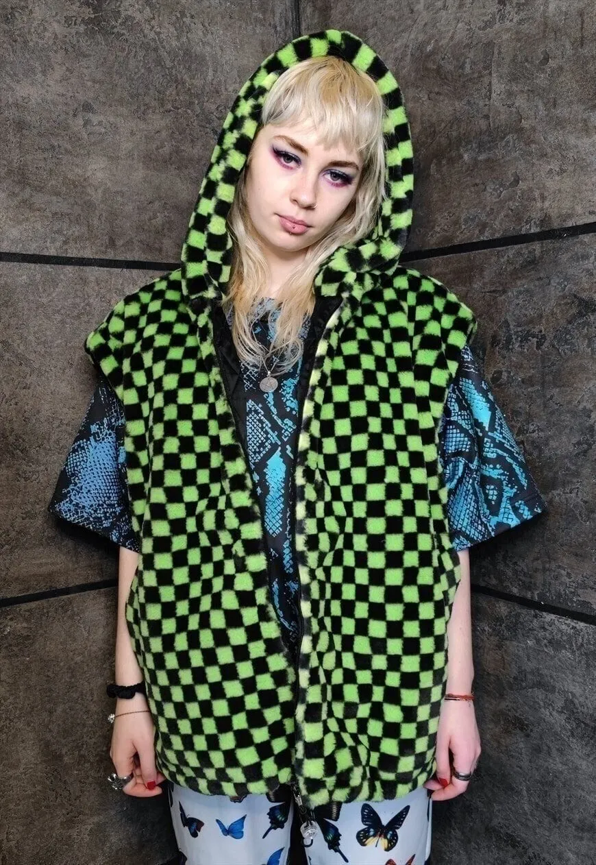 Checkerboard fleece jacket detachable check jacket in green