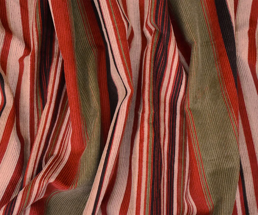 Deep Orange-Red-Multi Cotton Spandex Stripe Printed Corduroy Woven Fabric