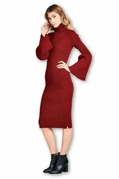 Elegantly Designed Turtleneck Knit Dress with Stylish Flared Sleeves