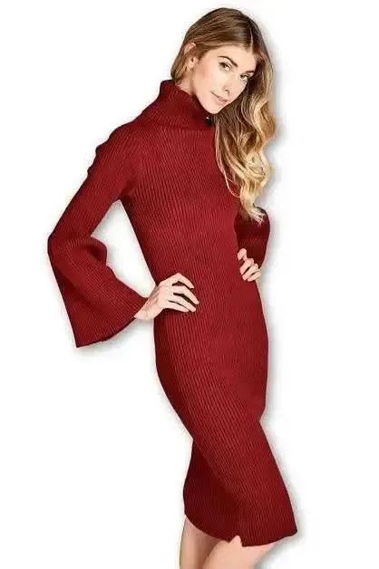 Elegantly Designed Turtleneck Knit Dress with Stylish Flared Sleeves