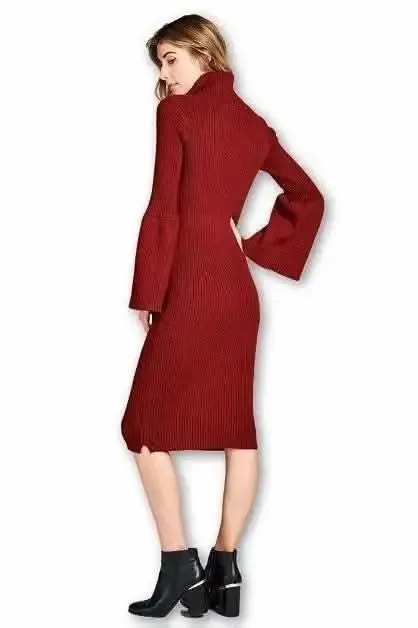 Elegantly Designed Turtleneck Knit Dress with Stylish Flared Sleeves