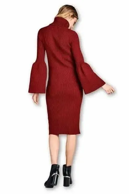 Elegantly Designed Turtleneck Knit Dress with Stylish Flared Sleeves