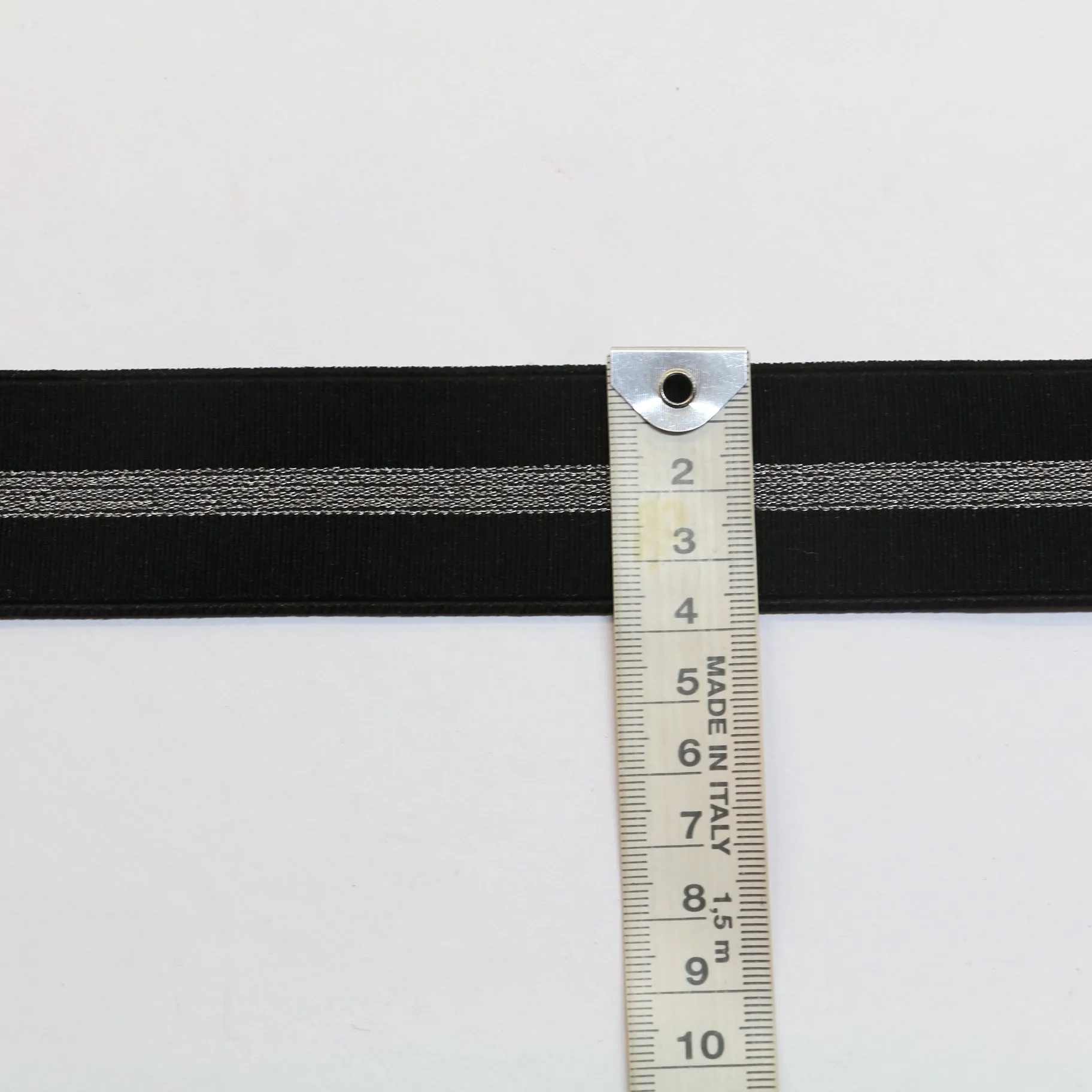 Fancy Soft Grosgrain Elastic (35mm/ 1 1/4") - Black/Metallic Silver Stripe