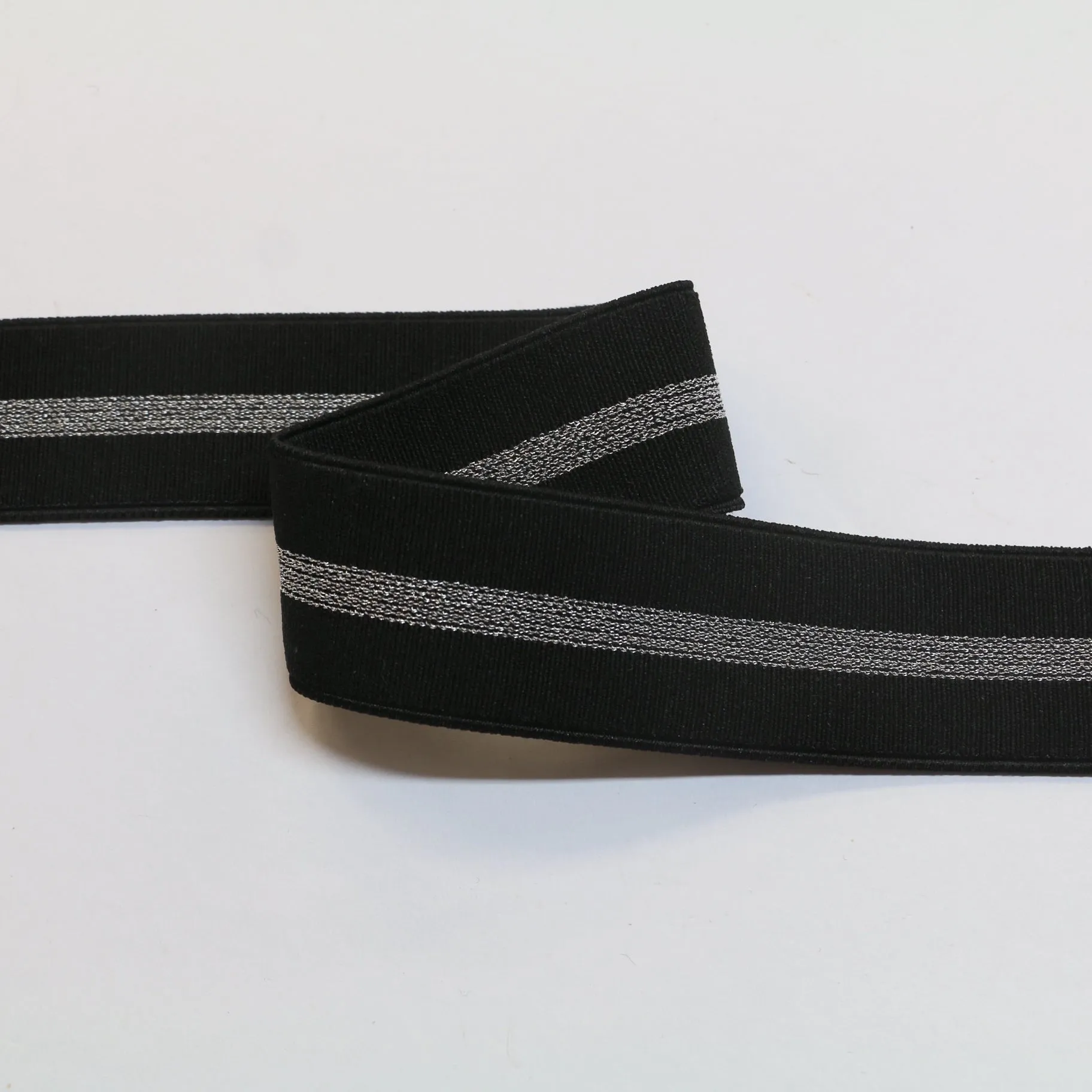 Fancy Soft Grosgrain Elastic (35mm/ 1 1/4") - Black/Metallic Silver Stripe