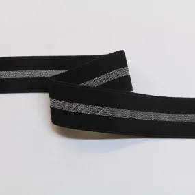 Fancy Soft Grosgrain Elastic (35mm/ 1 1/4") - Black/Metallic Silver Stripe