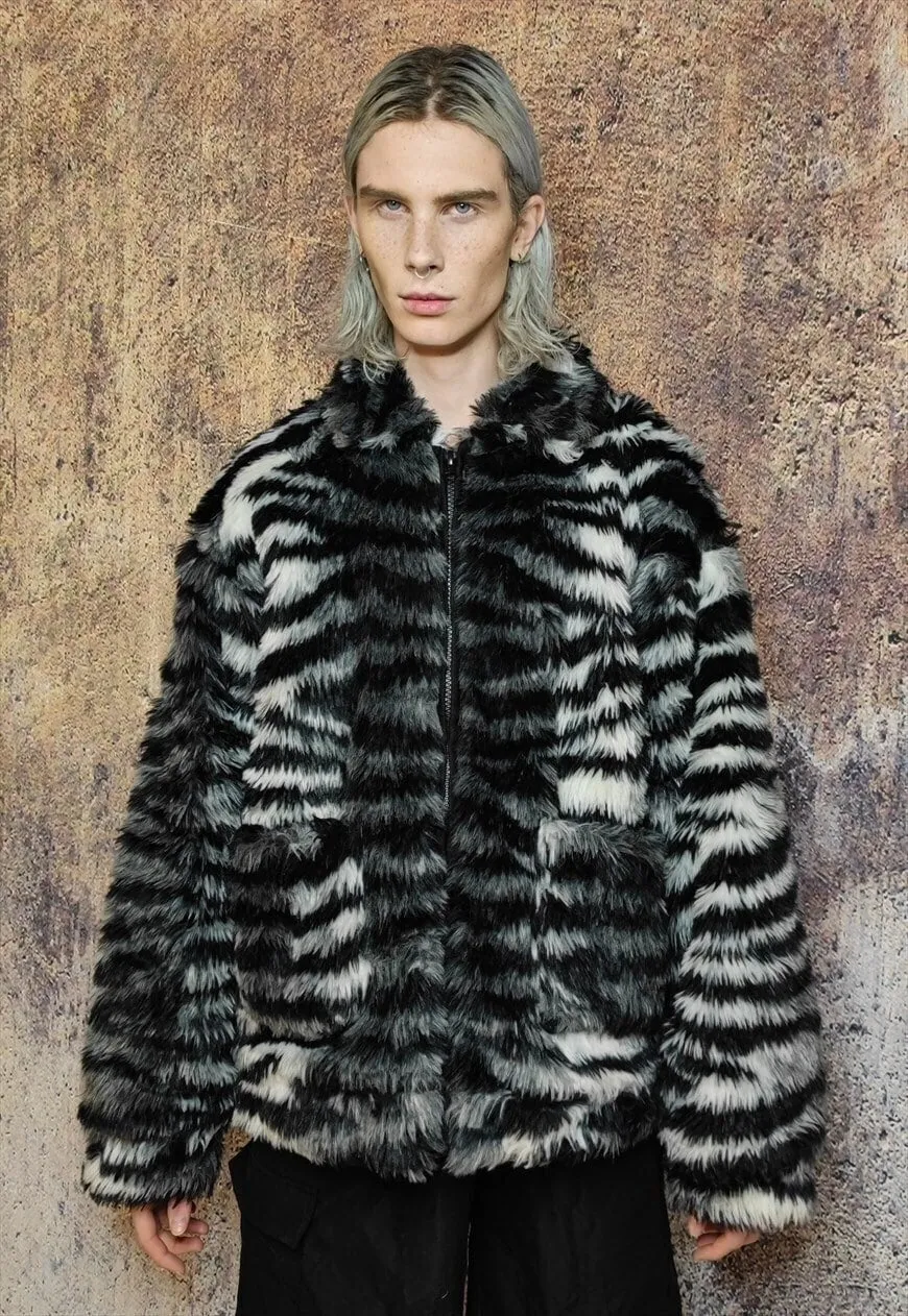 Faux fur zebra coat tie-dye stripe fleece bomber jacket grey