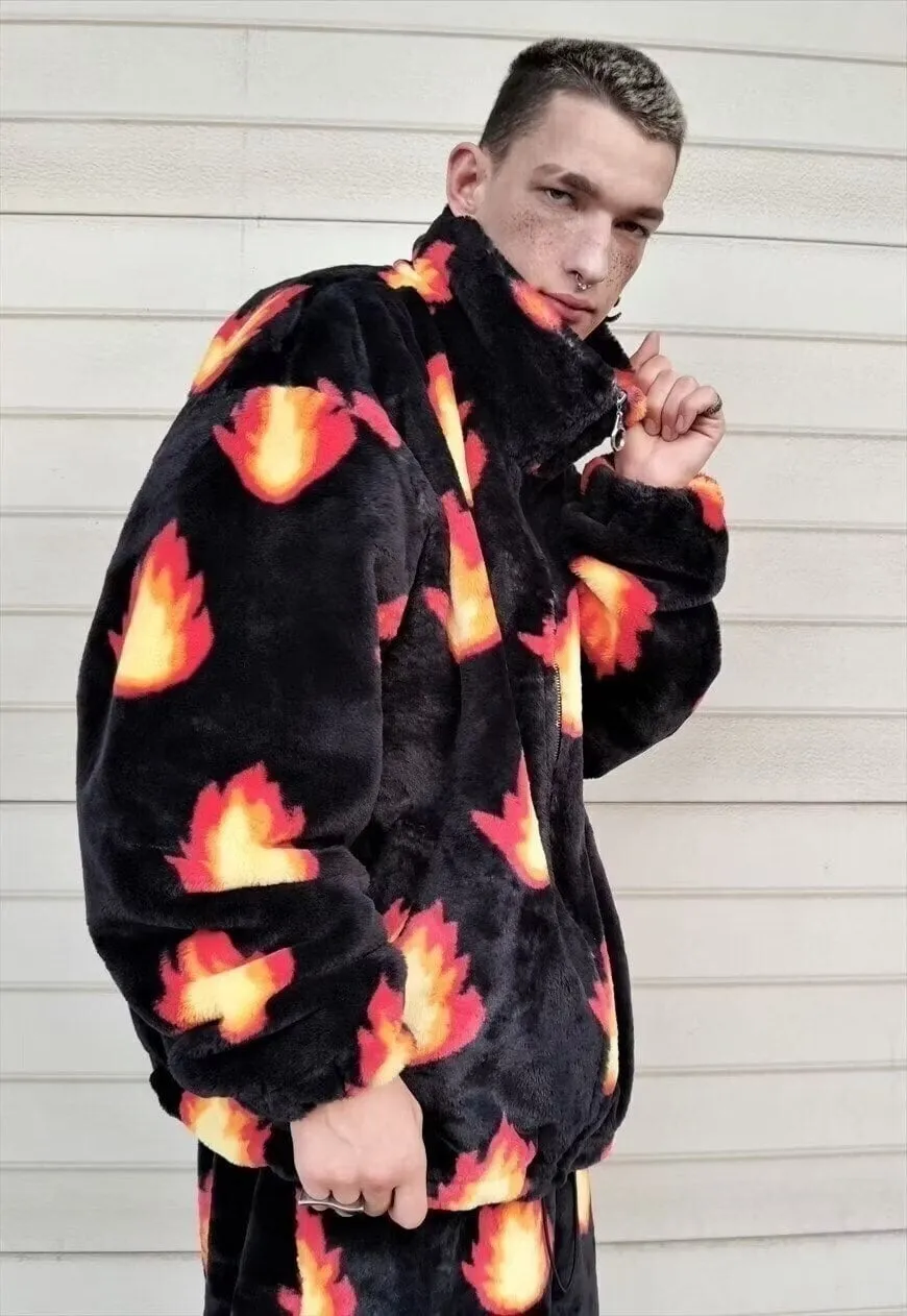 Flame fleece jacket handmade fire bolt bomber in black