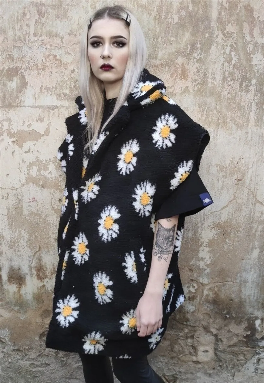 Floral fleece jacket handmade daisy trench coat in black