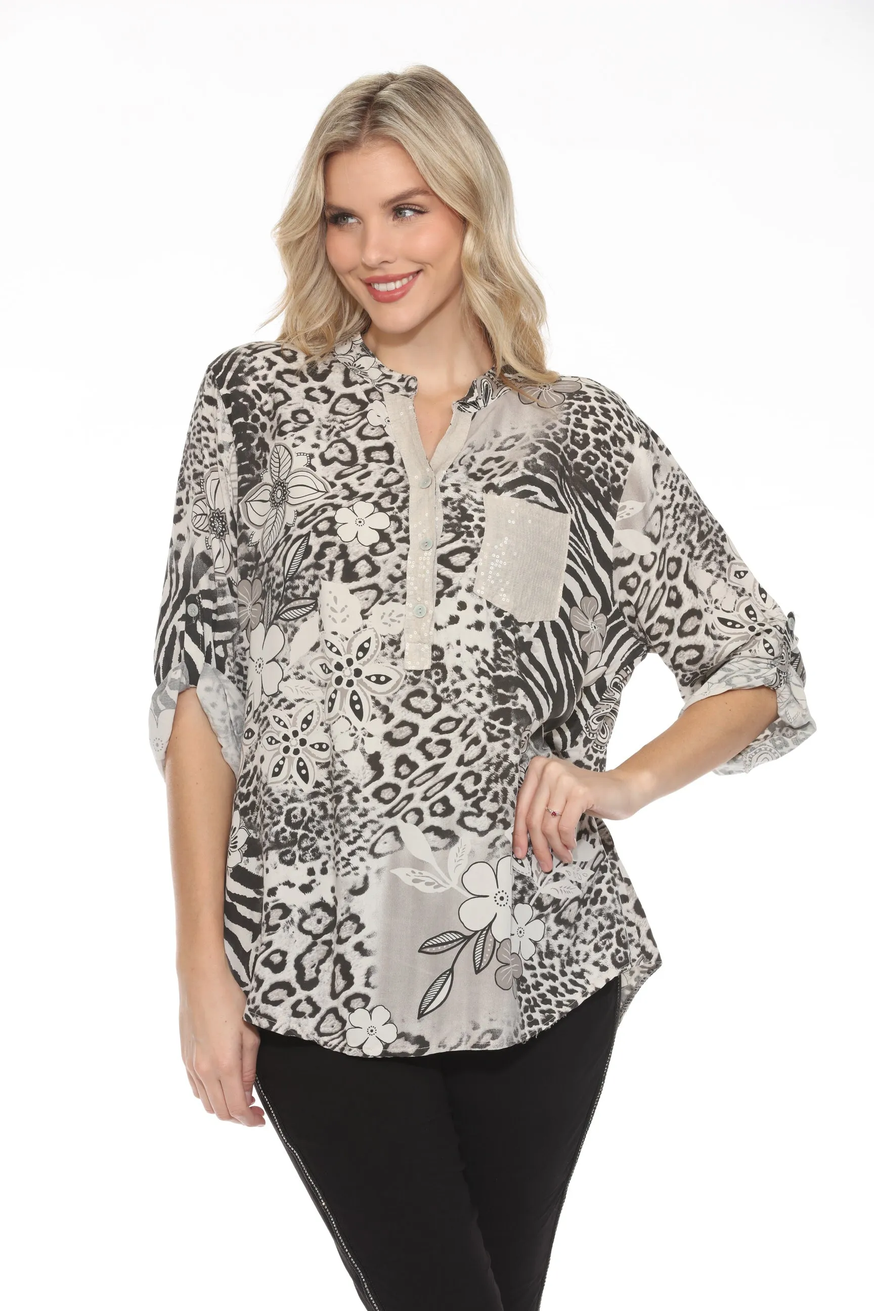 Floral/Animal Print Sequin Pocket Top