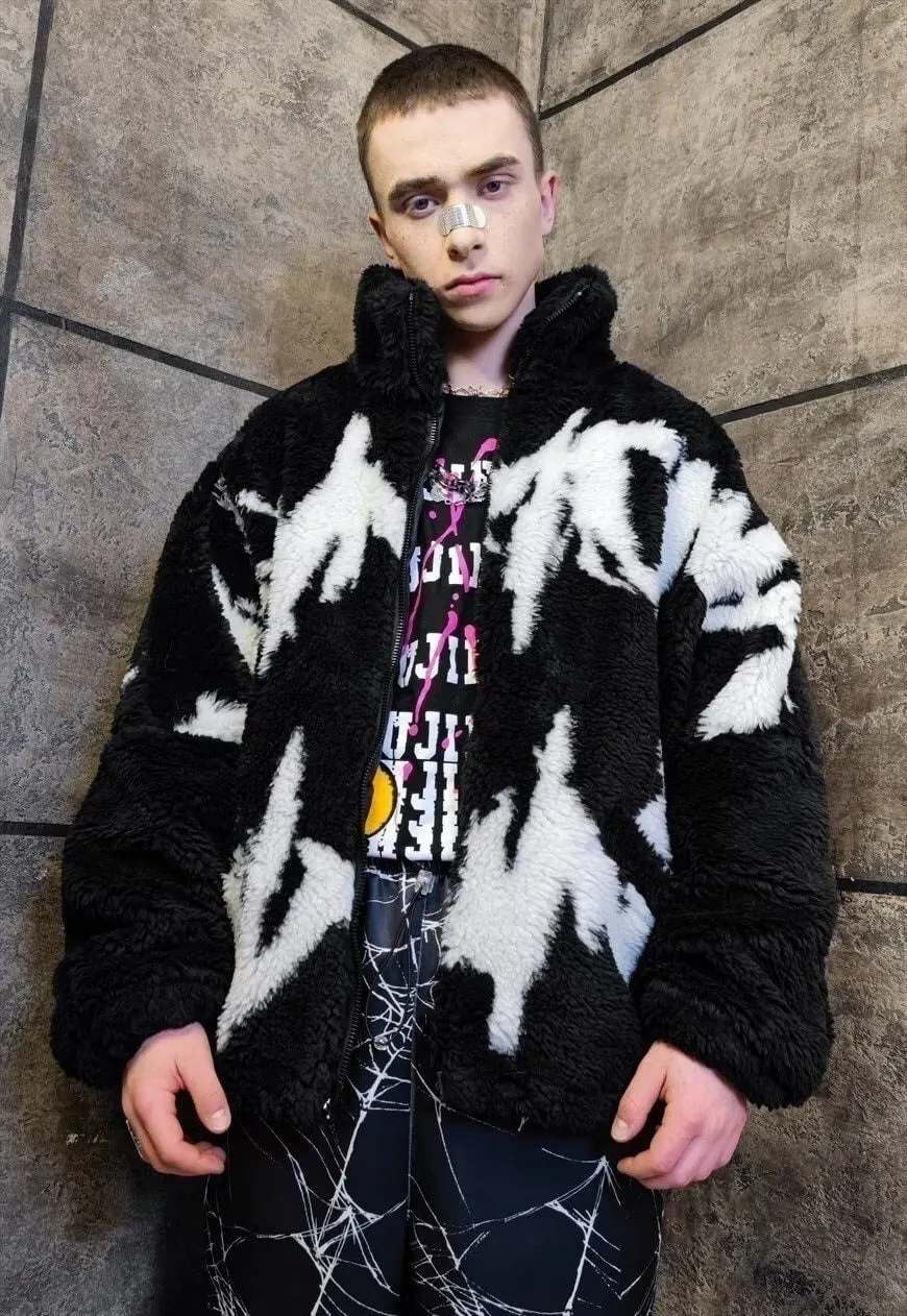 Graffiti fleece jacket faux fur stripe fluffy bomber black