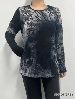 Grey/black Printed Round Neck Top AM206