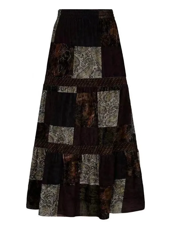 JOSKAA 2024 New Skirt Fashion Retro Contrast Print Patchwork Skirt