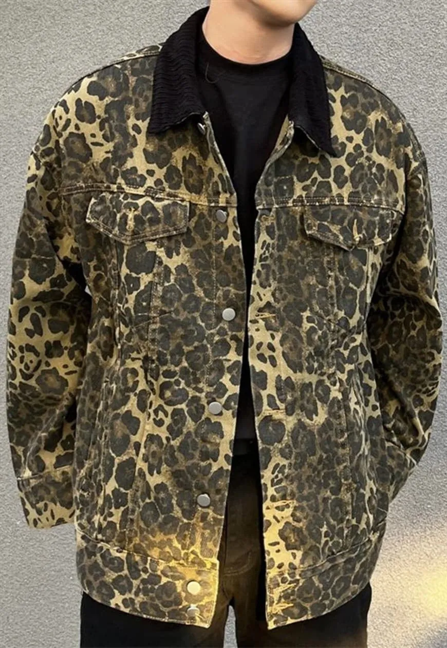 Leopard denim jacket button animal print jean bomber green