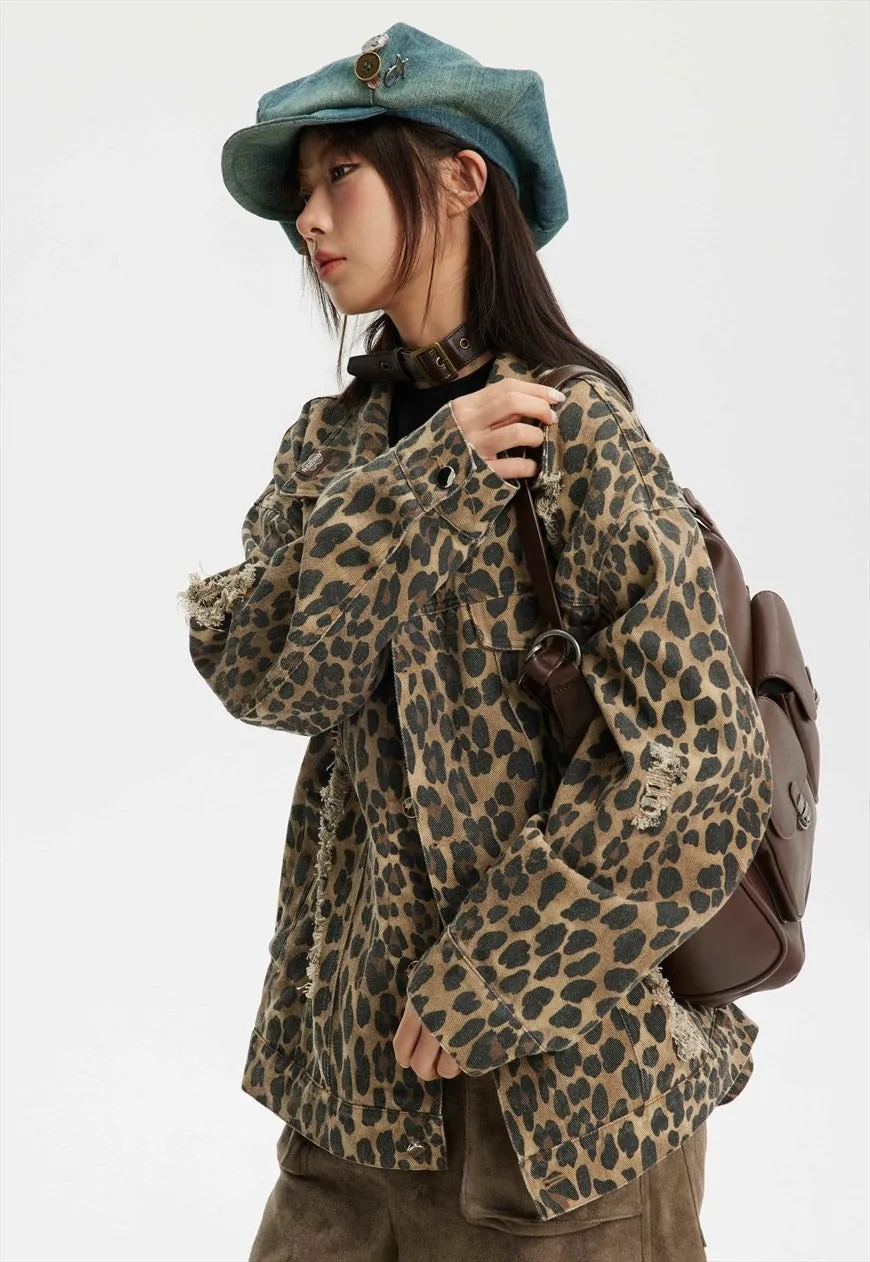 Leopard denim jacket button animal print jean bomber green