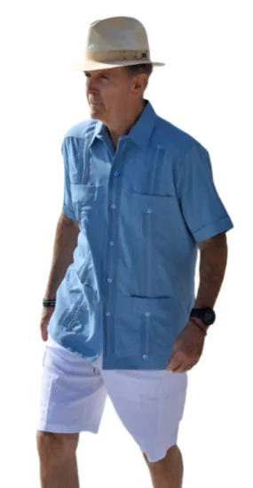 Men's Micro Fiber Linen Look Pastel Blue Guayabera