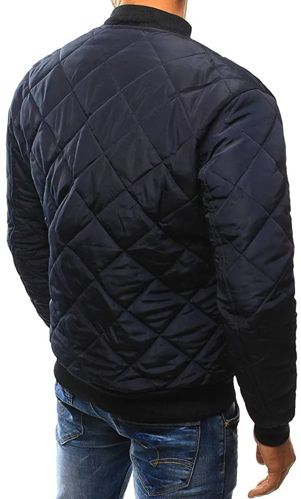 Men's Navy Blue Textured Diamond Quilted Varsity Jackets