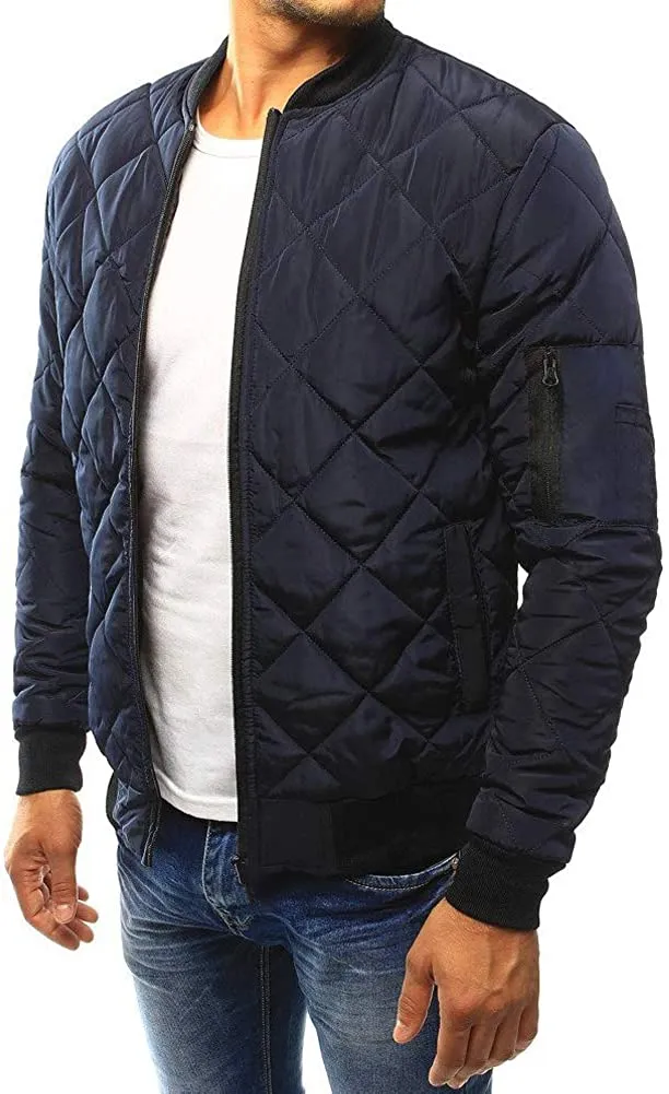 Men's Navy Blue Textured Diamond Quilted Varsity Jackets