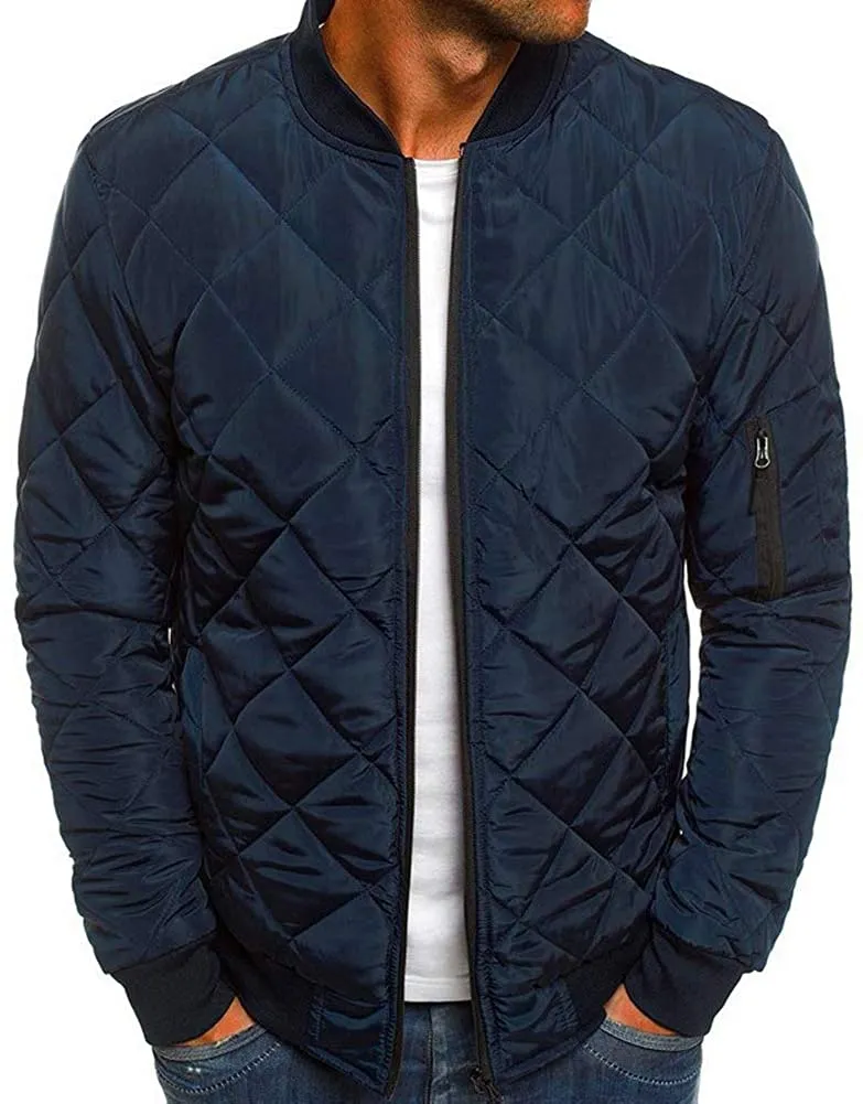 Men's Navy Blue Textured Diamond Quilted Varsity Jackets