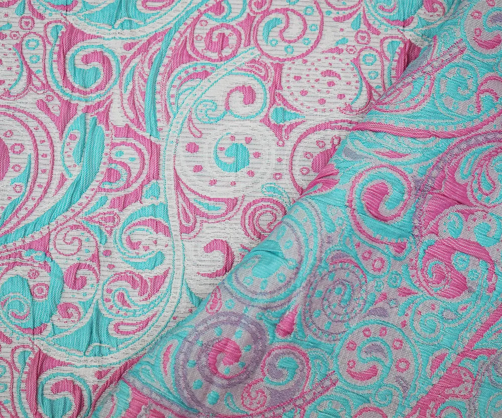 Pink-Blue-White Polyester Fancy Scroll Pattern Matelasse Jacquard Fabric