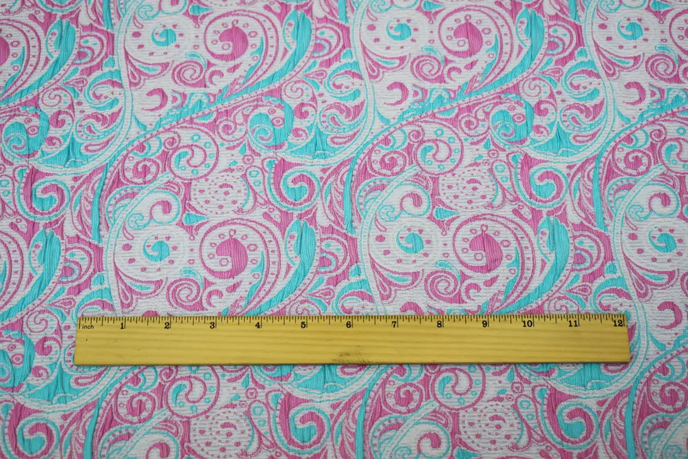 Pink-Blue-White Polyester Fancy Scroll Pattern Matelasse Jacquard Fabric