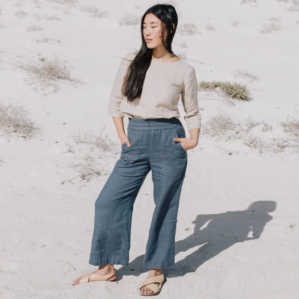 R: PUGLIA straight cut cropped linen pants (Size: XS; Color: Oat Milk)