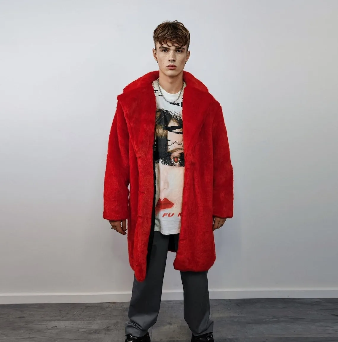 Red faux fur longline coat shaggy trench bright raver bomber fluffy winter fleece festival jacket burning man coat