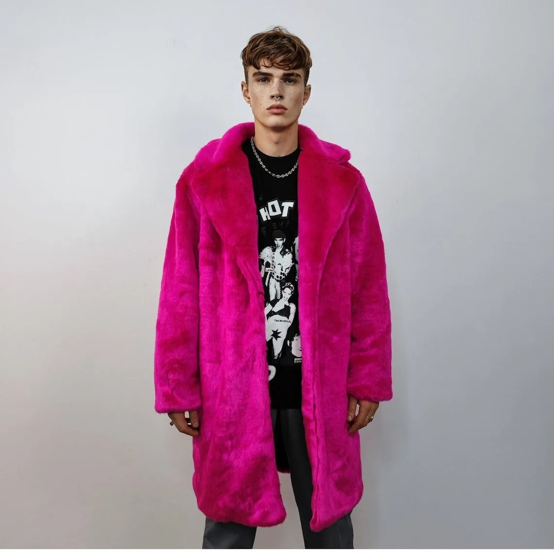 Red faux fur longline coat shaggy trench bright raver bomber fluffy winter fleece festival jacket burning man coat